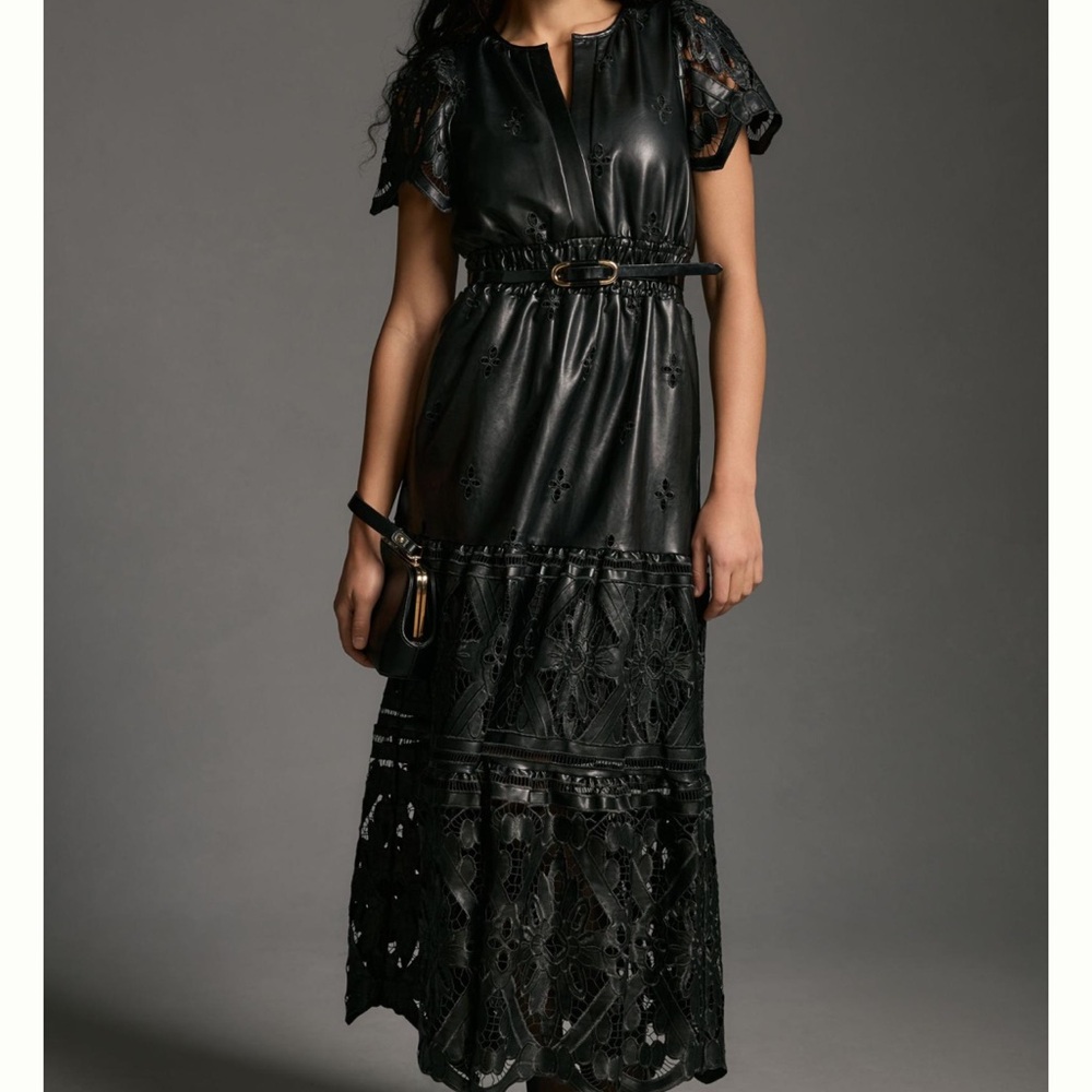 Anthropologie Somerset Maxi Dress Faux Leather Embroidered Edition Black NWT